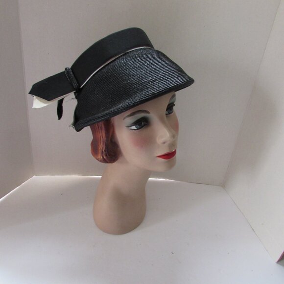 Handsome Mid Century Black Hat Bucket Style White Ribbon Accents main image 11